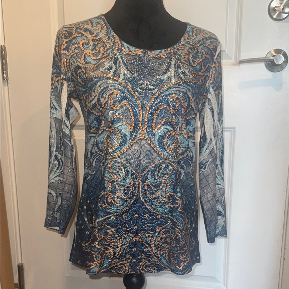 Women's BLING Blue Patterned Long-Sleeve Top by Reba